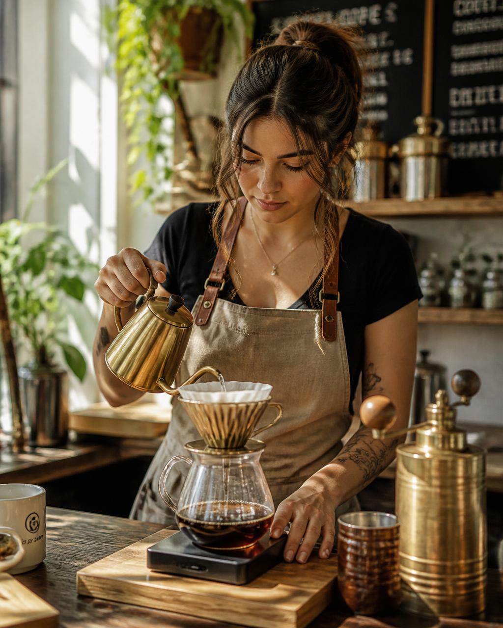 Barista pouring pour-over coffee