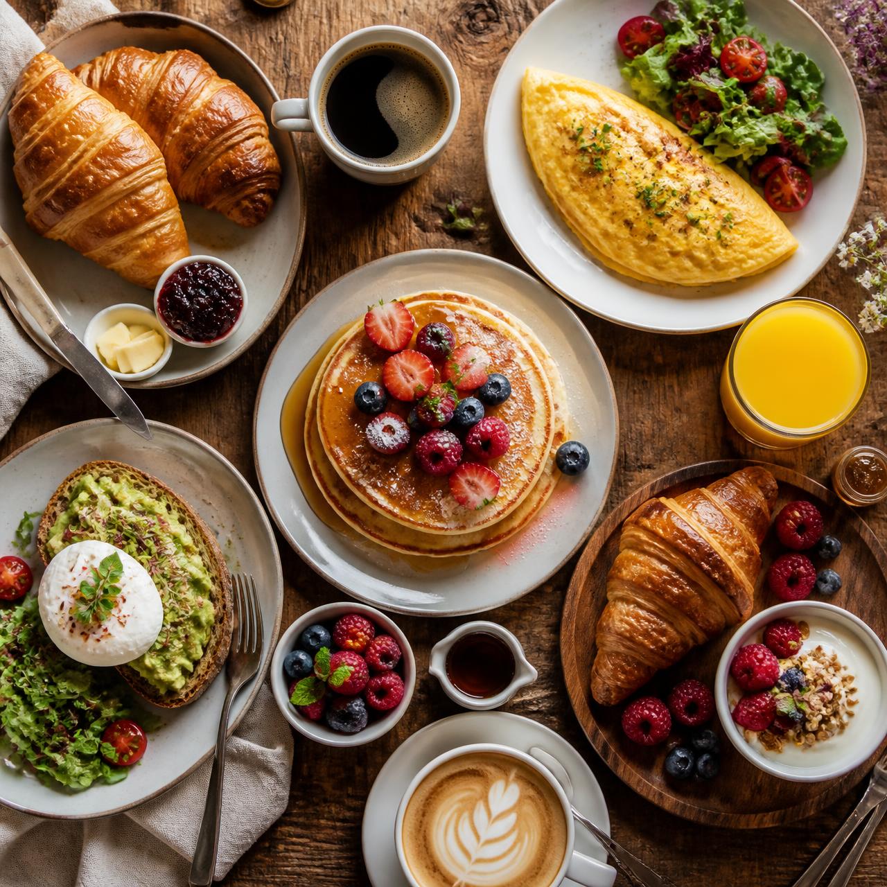 Breakfast spread on wooden table