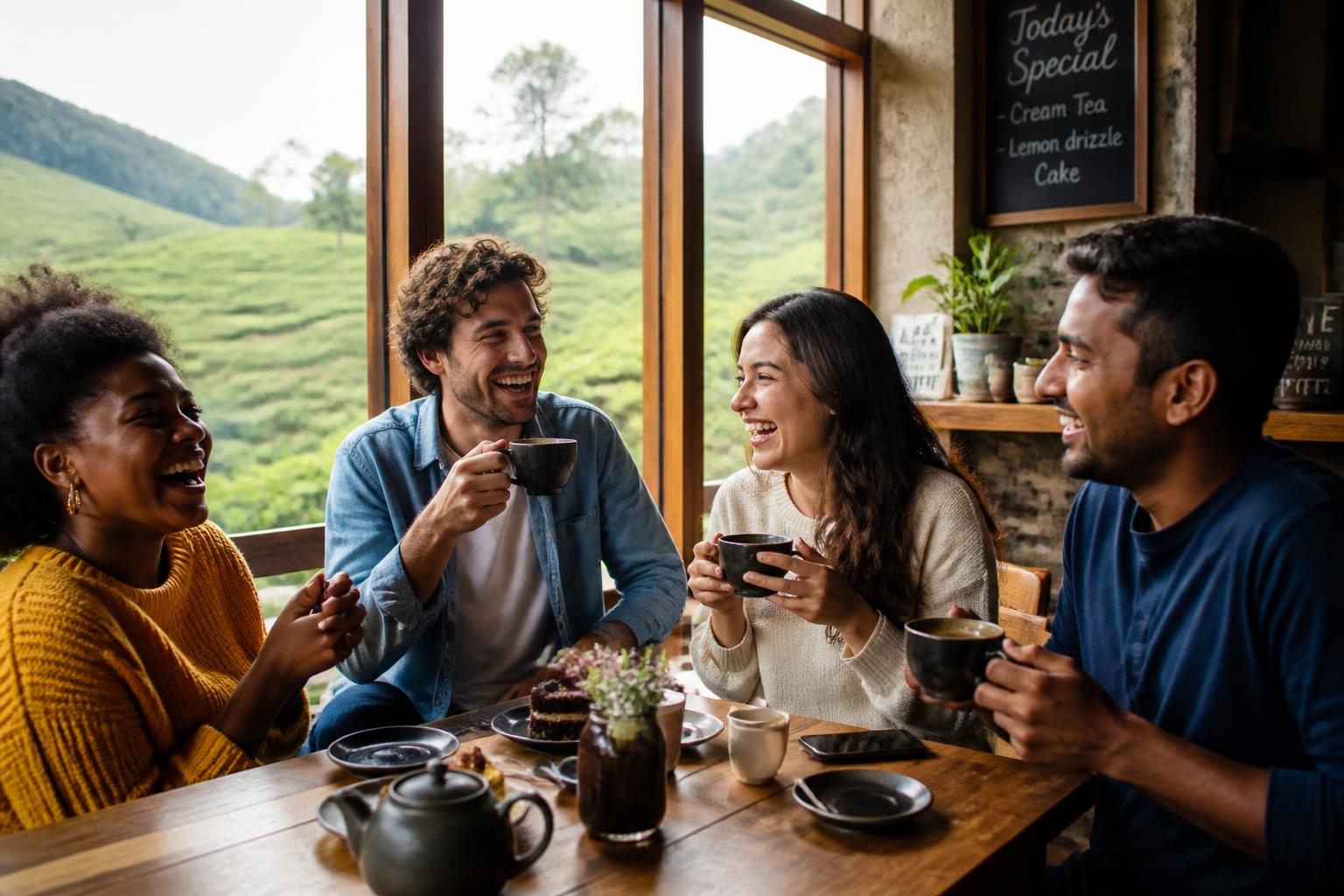 Guests laughing over coffee
